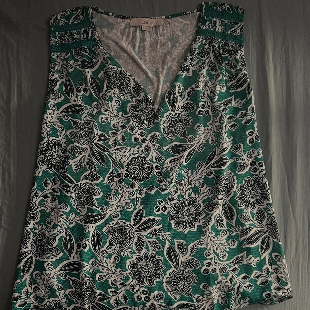 LOFT Green and Black Floral V-Neck Top